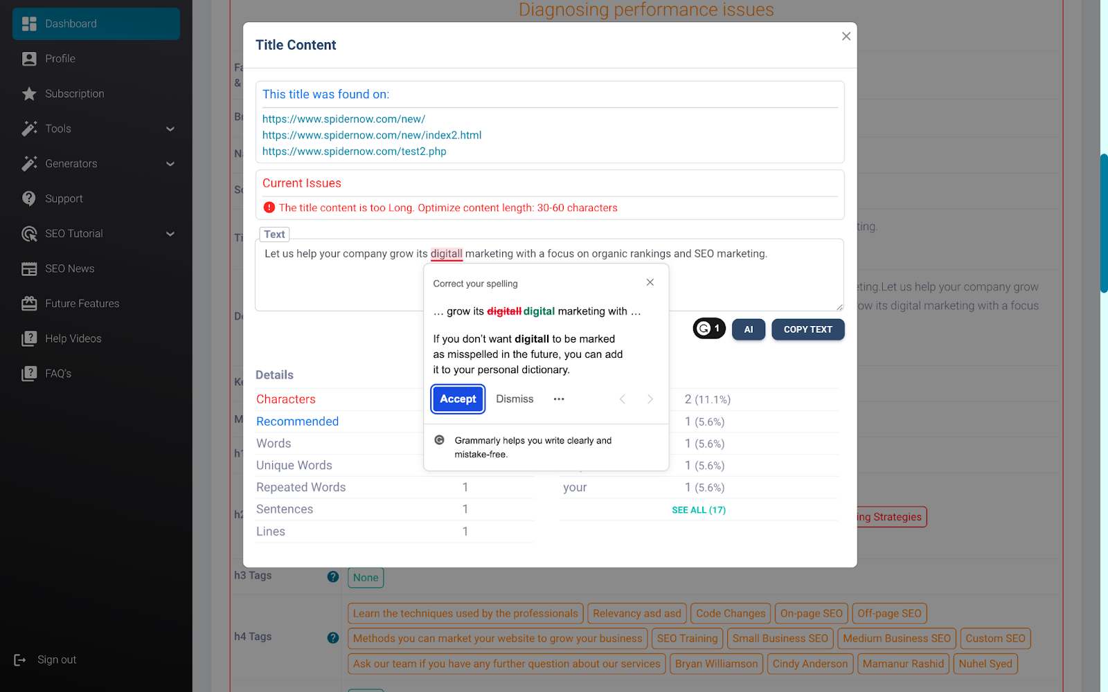 Résultats de l'analyse de la page Web