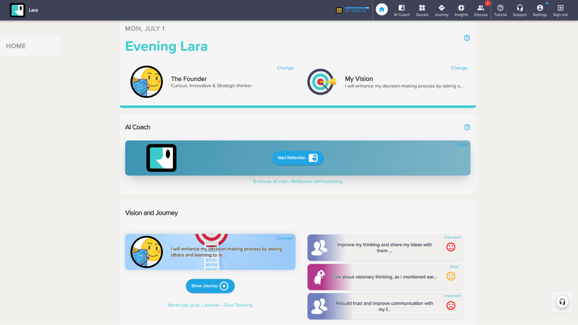 Écran d'accueil de l'application Coaching