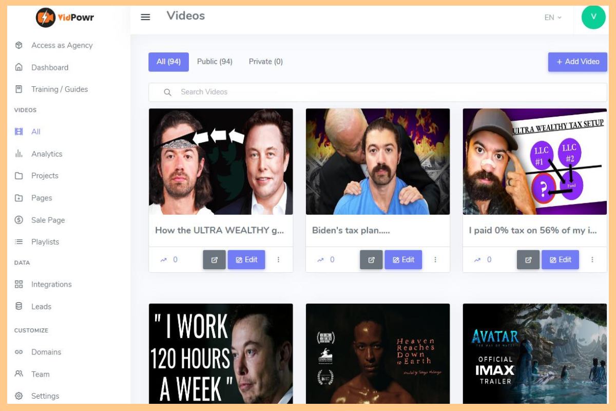 Tableau de bord VidPowr