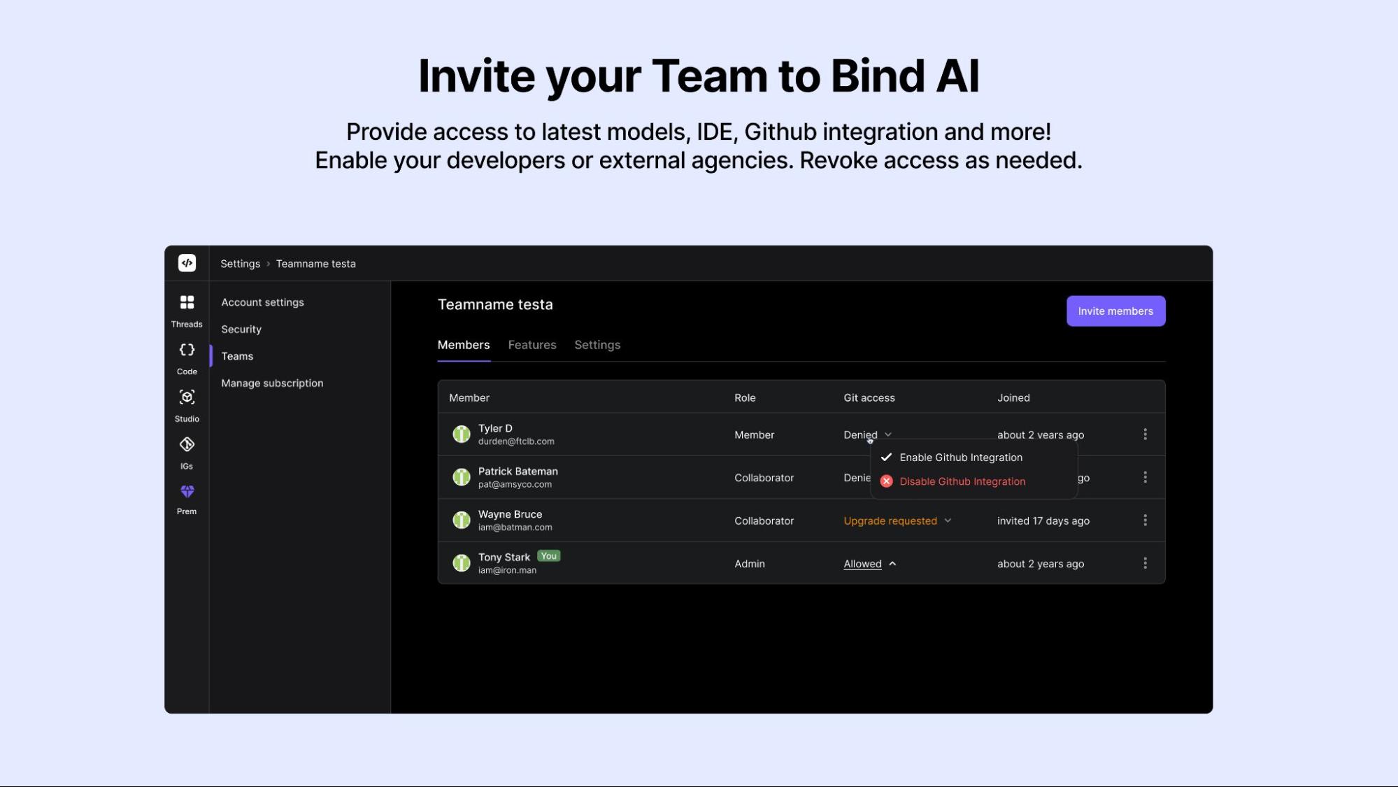 Team member invitations
